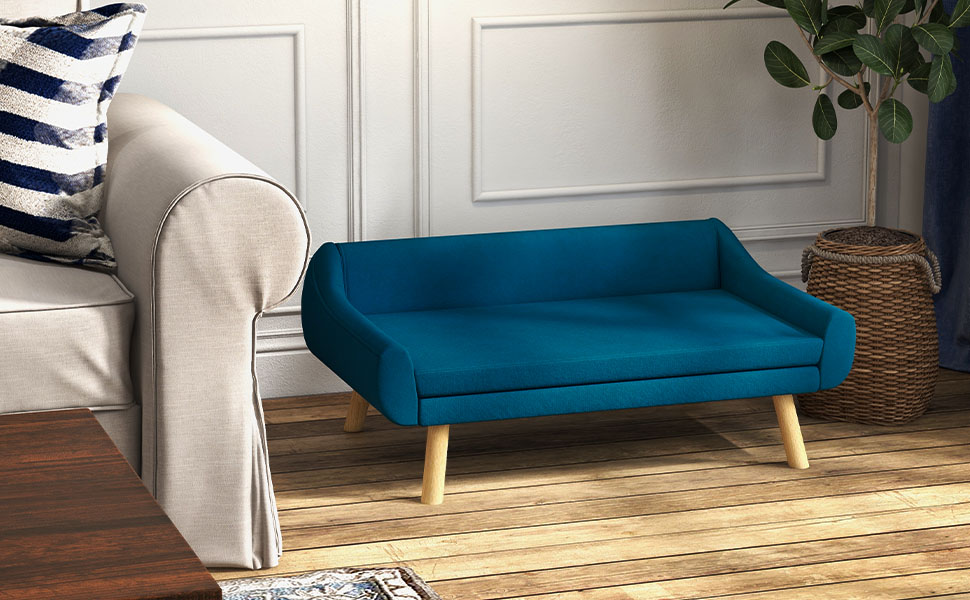 PawHut лежанка для собак з м'яким подушкою, лежанка для тварин з дерев'яним каркасом, знімний та пральний чохол, для середніх та великих собак, блакитна