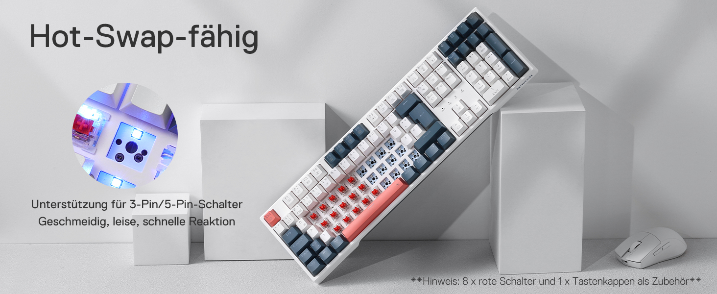 Redragon K668 QWERTZ Клавіатура для ігор з провідним підключенням, 105+4 клавіші, Hot-Swap сокет, тихі червоні перемикачі, двоколірні кейкапи, RGB-підсвітка, мультимедійні комбінації, QWERTZ