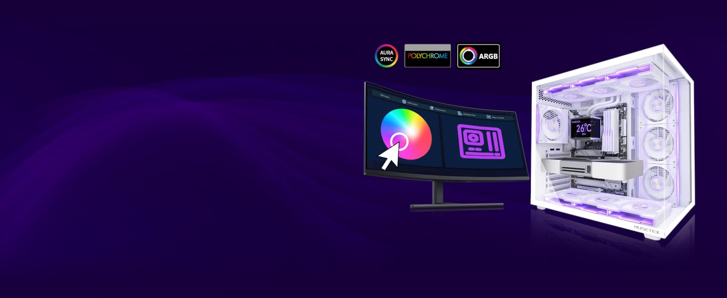 Ігровий корпус для ПК Musetex Y6 ATX Mid Tower, 7 ARGB PWM вентиляторів Infinity Mirror, панорамне загартоване скло 270°, USB Type-C, Білий