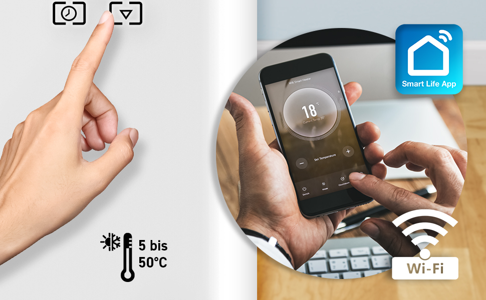 Конвектор TRESKO® 2000W з Wi-Fi, LED-дисплеєм та таймером | Електрична скляна панель опалення | Білий | 2000 Вт