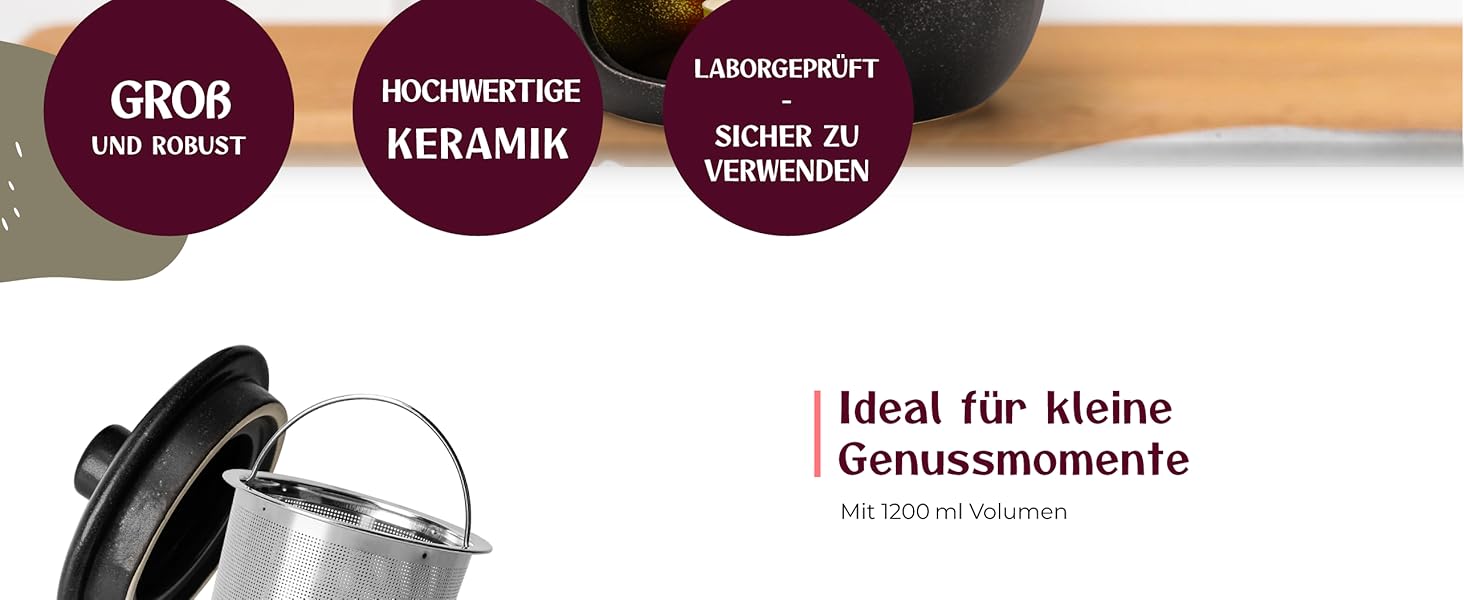 Чайник Happy Lemuro з ситечком - 1,2 л - Керамічний чайник чорного кольору (антрацит)