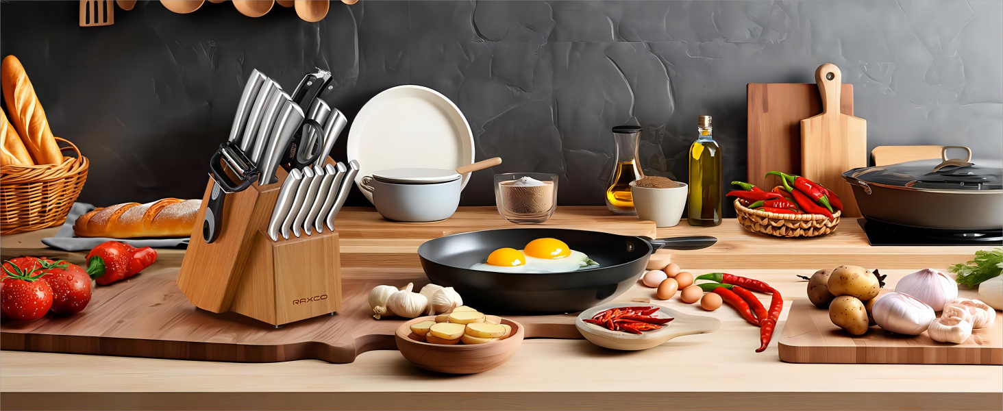 Набір кухонних ножів RAXCO, 18 предметів: кухонні ножі, стекові ножі, шліфувальник, з бруском