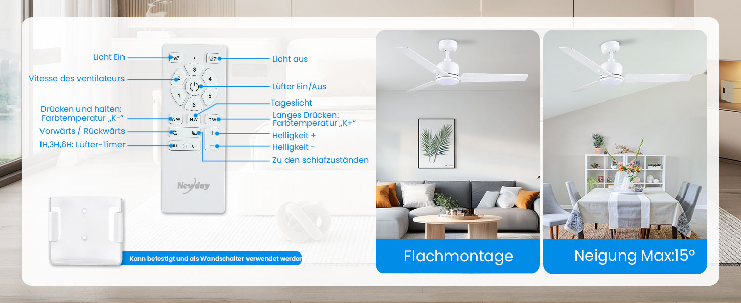 Стеля вентилятор Newday 122см з підсвічуванням та пультом керування, тихий, DC мотор, реверс для спальні/вітальні (білий, дерево)