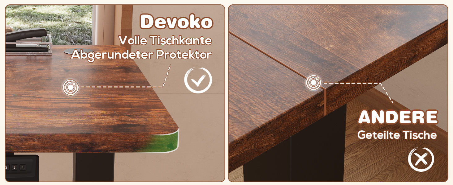 Devoko Adjustable Height Electric Desk - 120x60cm - Vintage Brown - Sit-Stand Desk with Memory Function & Collision Detection