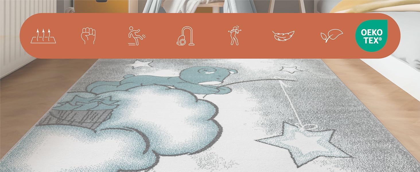 Дитячий килим круглий Elefant, короткий ворс, 120 см, блакитно-сірий. Килим в дитячу кімнату для дівчаток та хлопчиків, м'який, антиалергенний