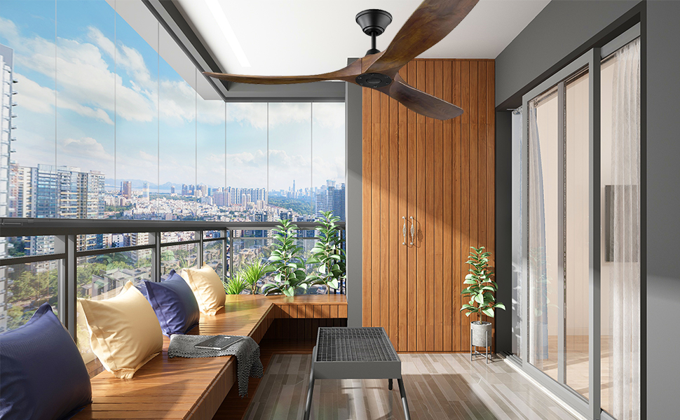 Вентилятор стельовий дерев'яний без освітлення з пультом керування, тихий, для вологого приміщення (152см, коричневий)