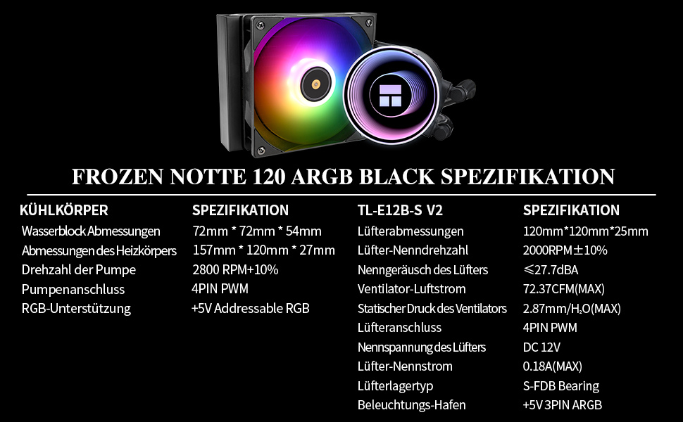 Thermalright Frozen Notte 120 ARGB - рідинне охолодження CPU з RGB підсвічуванням, 120мм, чорний