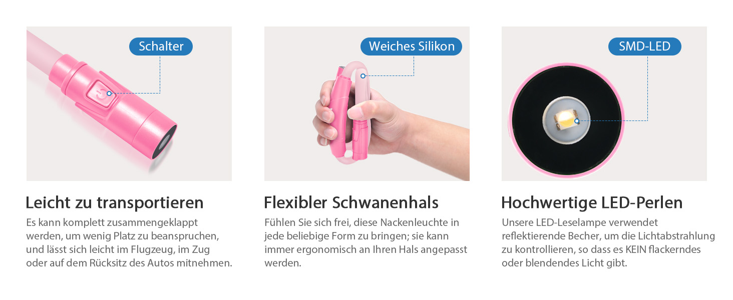 Ліхтар на шию LUXJET LED для читання, в'язання, ремонту – акумуляторний, 3 кольори, регульована яскравість (Рожевий)