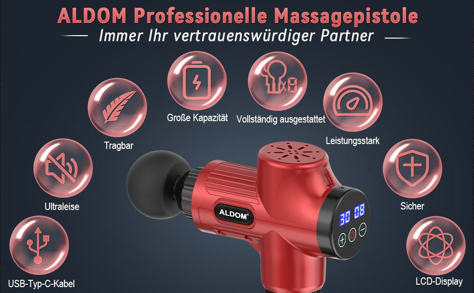 ALDOM Massage Gun - Electric Muscle Massager with 30 Speed Settings & 8 Attachments - Red