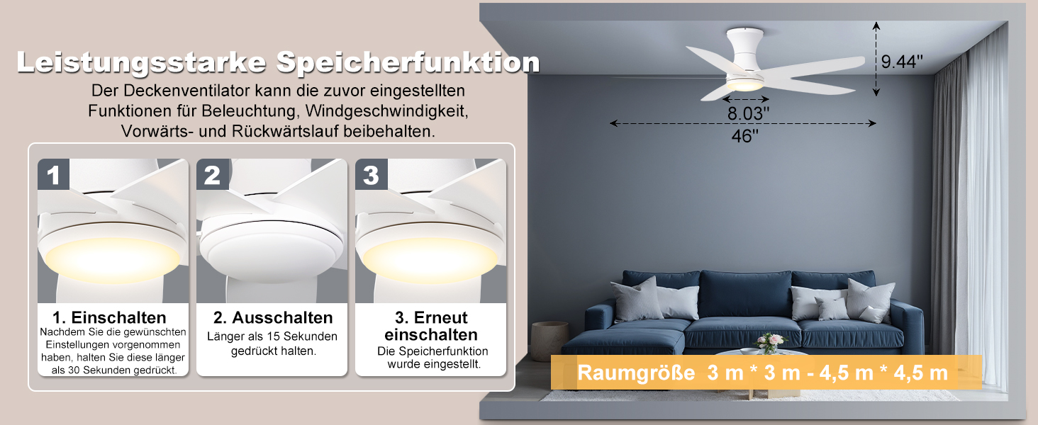 Стеляний вентилятор Ohniyou з підсвіткою та пультом керування, 117 см, керування через додаток, регульована яскравість, тихий DC-двигун, для спальні, тераси, кухні (білий)