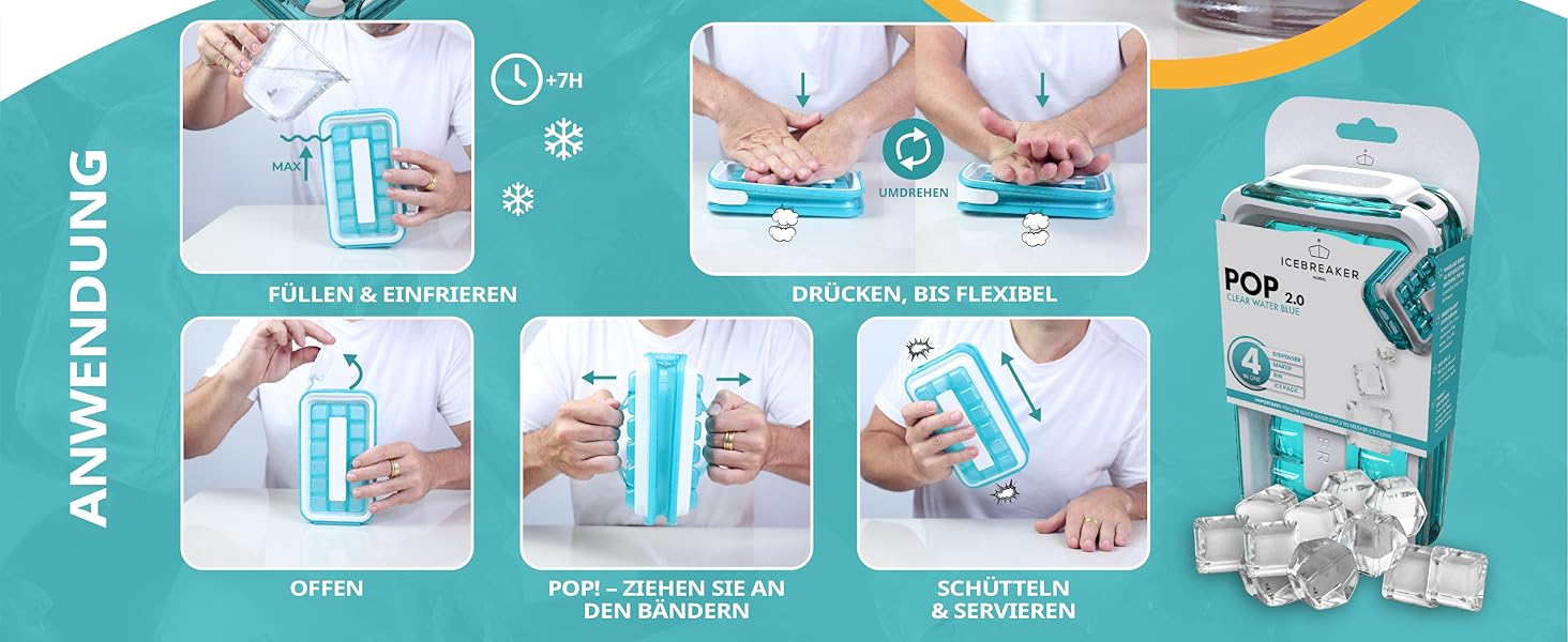 Гігієнічна силіконова форма для льоду ICEBREAKER POP 2.0 з кришкою та контейнером, 18 кубиків, 2 шт, колір Clear Water Blue