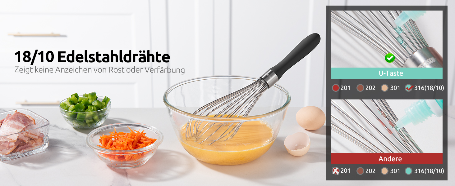 Міксер кухонний U-Taste, 30 см, з нержавіючої сталі 18/10, 12 гнучких дротів, силіконовий ручка, для тіста та соусів (Чорний)