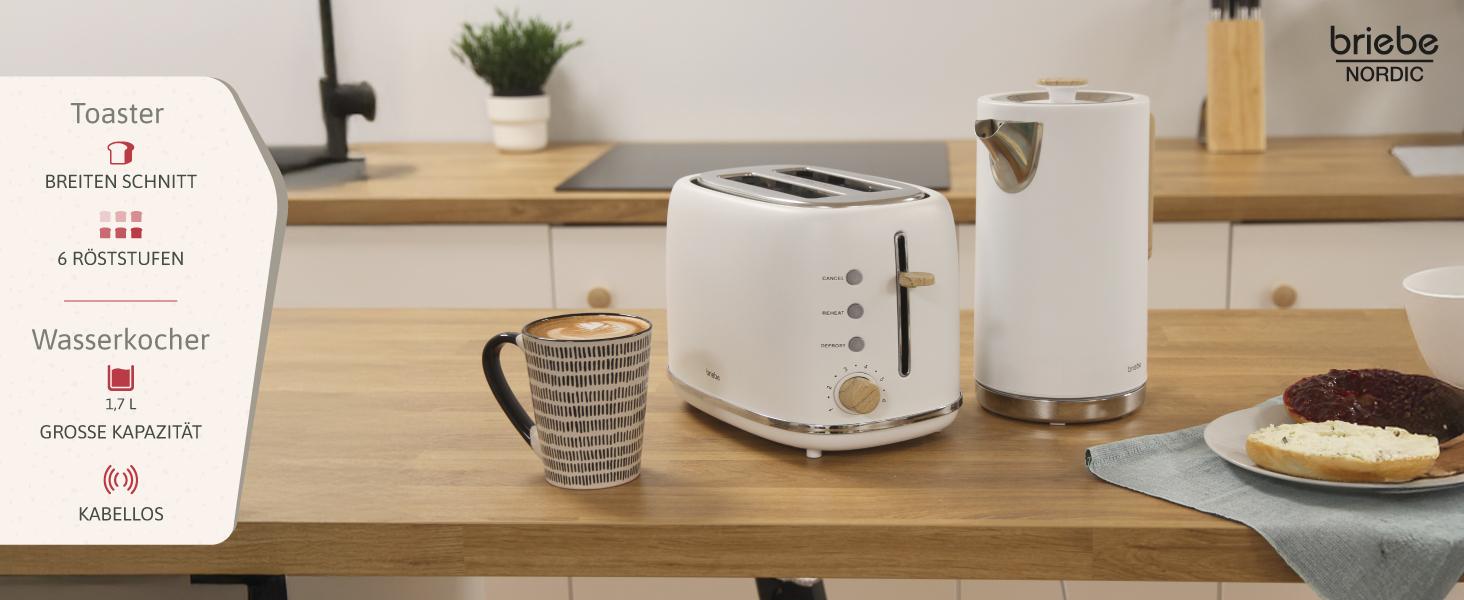 Тостер Briebe Nordic Set з широкими слотами та підставою для бургерів, 6 режимів підсмажування + Електричний чайник 1,7л, 2200W, BPA-free, Набір для сніданку, Скандинавський дизайн (Білий)