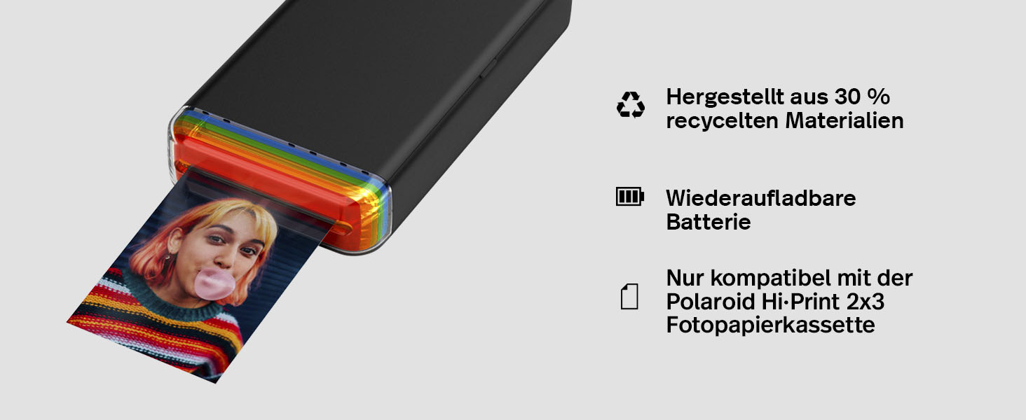 Polaroid Hi-Print 2-ге покоління: Bluetooth фотодрук, кишеньковий принтер 2x3, чорний (з фільм-пакетом)