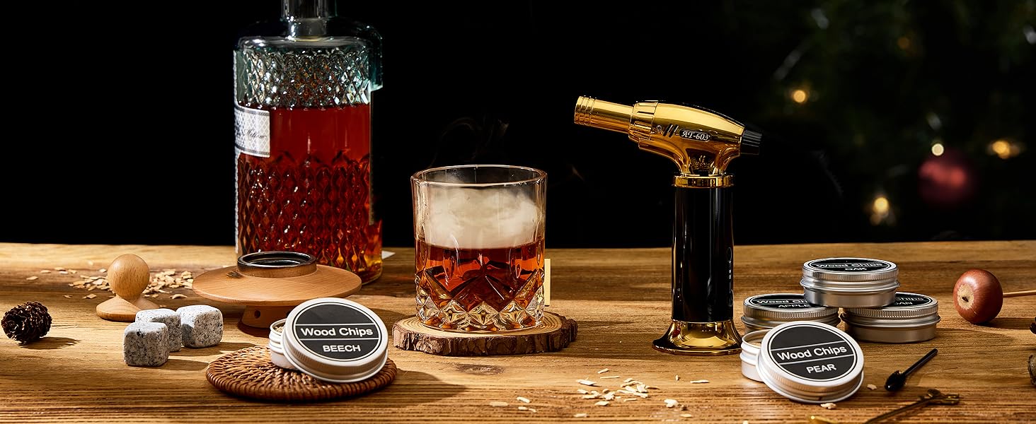 Набір для копчення коктейлів та віскі – 6 видів деревини, ліхтарик, генератор диму – без бутану (продається окремо), класичний набір