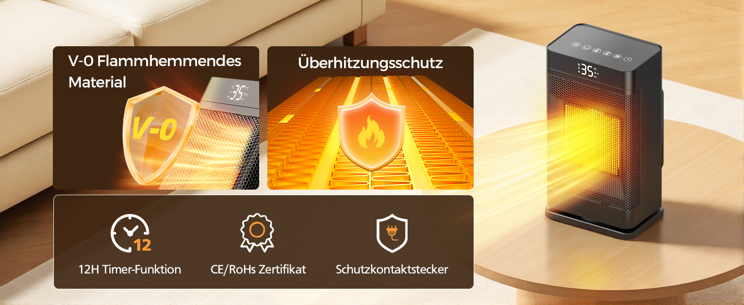 Керамічний електронагрівач 1500W з термостатом, PTC-керамічний нагрівач, ECO-режим, захист від перегріву та перекидання, 75° коливання, 2-в-1 енергозберігаючий нагрівач для дому, чорний