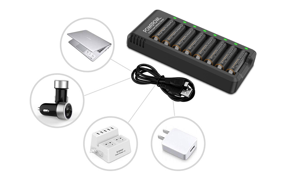 Зарядний пристрій PowerOWL для акумуляторів AAA Pro, комплект 8 шт. + 8 акумуляторів AAA, перезаряджувані (NIMH)
