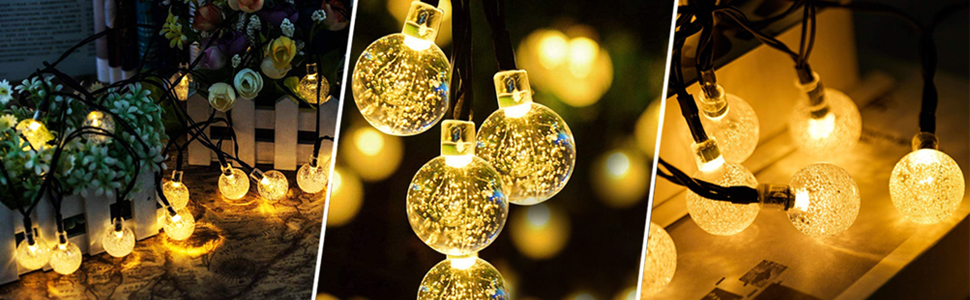 Світлодіодна гірлянда сонячна зовнішня 50 LED, 7.6 м, 8 режимів, кришталеві кулі, вологостійка, для саду, дерев, тераси, Різдва, весіль, свят (тепле біле світло)