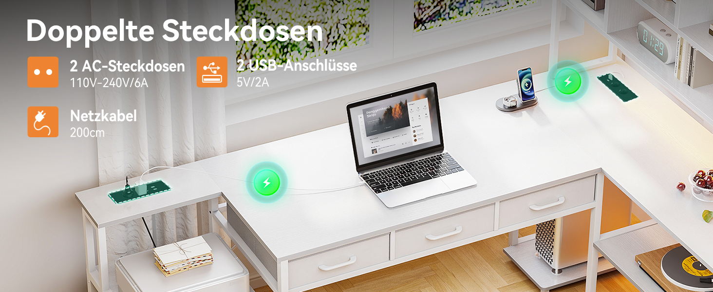 Комп'ютерний стіл Coleshome з 5 шухлядами та 4 полицями 180x100 см, L-подібний стіл з LED-підсвіткою, розетками та USB, великий стіл для home office, білий