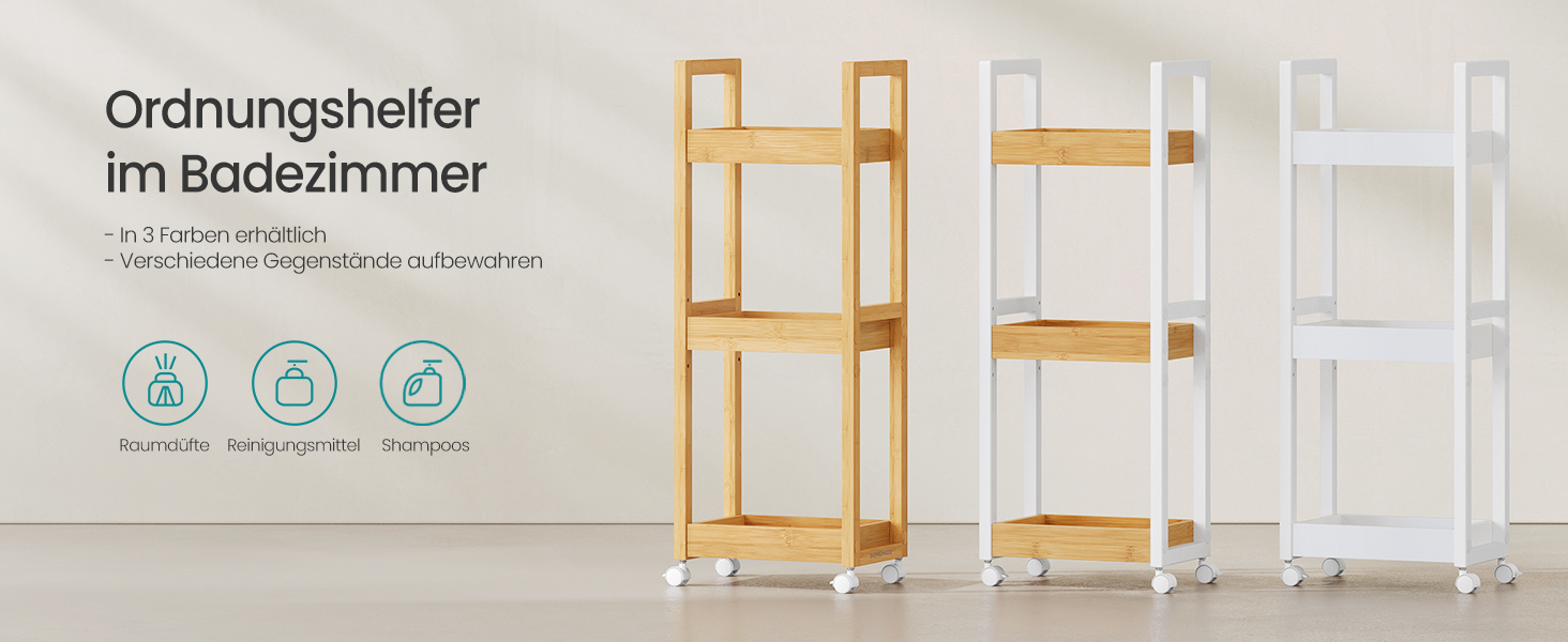 SONGMICS Rolling Cart, Bathroom Shelf, 3-Tier Bathroom Organizer, Bamboo Nook Shelf, Narrow Shelf, Rolling Utility Cart, Space-Saving, 20 x 30 x 80 cm, White BCB083W01 (Natural Beige)