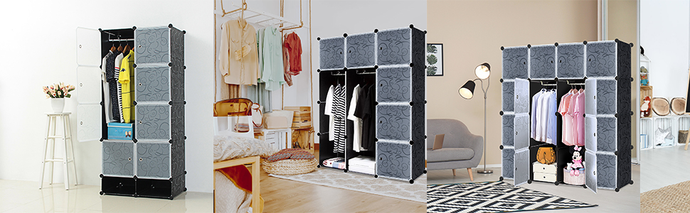 Шафа для взуття та одягу DIY, модульний органайзер 16 секцій, 111x37x147 см, чорний з дверцятами, для взуття, одягу, іграшок і книг
