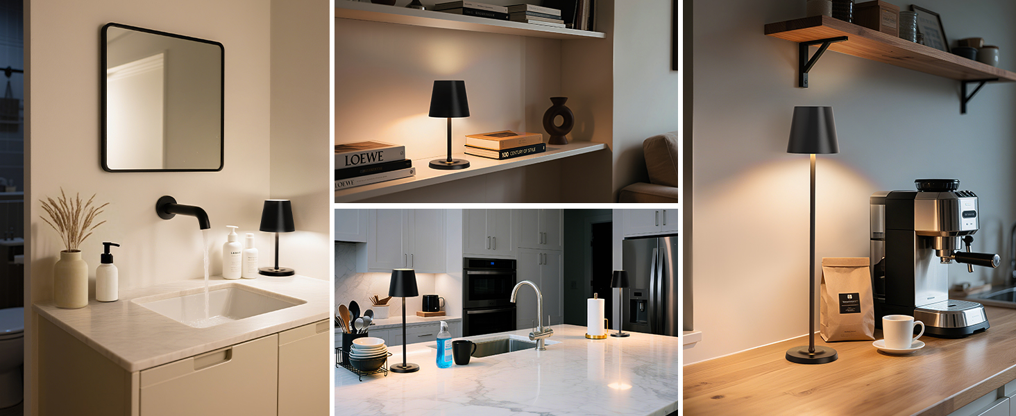 Світлодіодна настільна лампа 3-в-1 бездротова з акумулятором 5500mAh, регульована висота, димування, 3 кольори світла - USB акумуляторна настільна лампа металева водонепроникна сенсорна для дому та вулиці, чорна (набір 2 шт.)