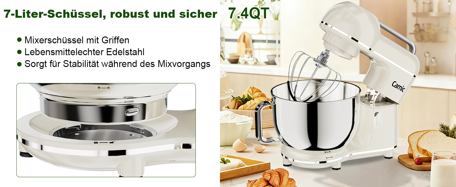 Кухонний комбайн-міксер Camic 2000W, чаша з нержавіючої сталі 7л, 10 швидкостей, набір насадок та захист від бризок, білий