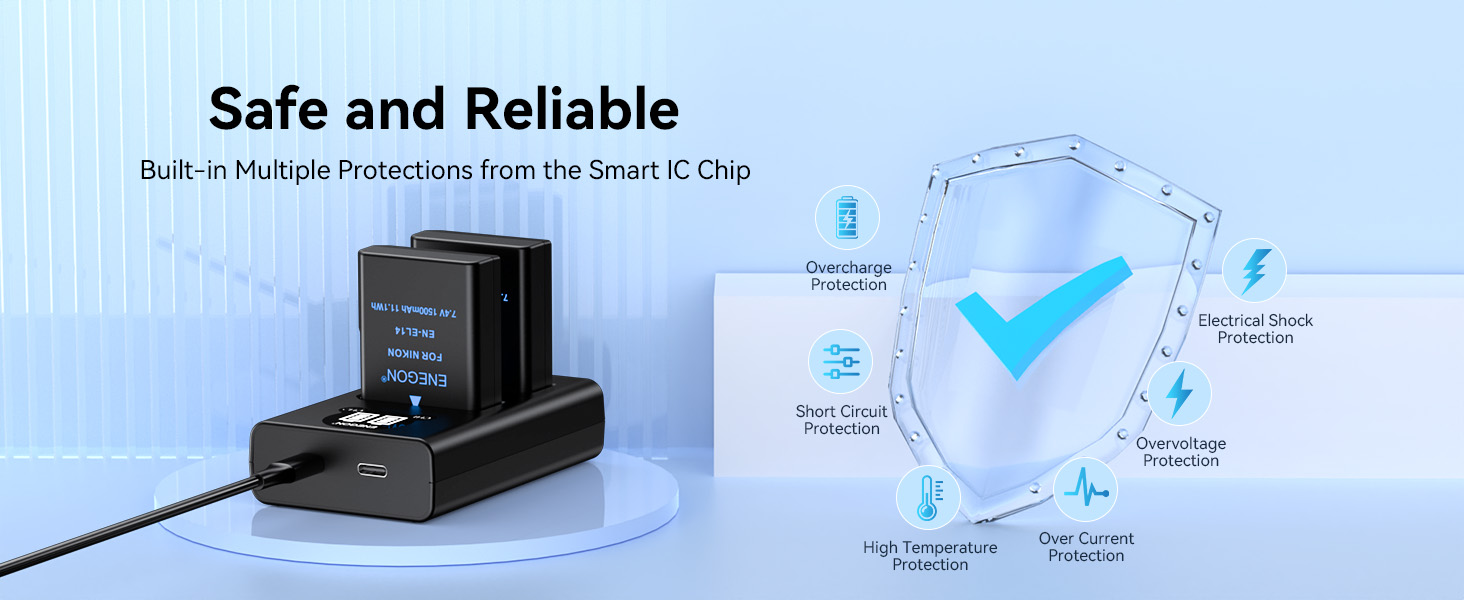 Запасний акумулятор ENEGON EN-EL14/EL14a (2 шт.) та розумне LED Dual USB зарядне пристрій для Nikon DSLR D3100, D3200, D3300, D3400, D3500, D5100, D5200, D5300, D5500, D5600, DF Coolpix P7000, P7100, P7700, P7800