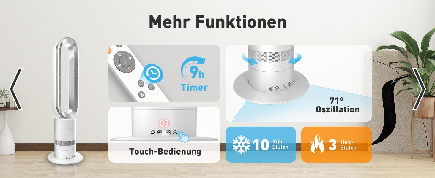 Безлопатевий вентилятор-нагрівач TP18Pro 2-в-1: охолодження та обігрів, 10 режимів охолодження, 3 режими обігріву, дистанційне та сенсорне керування, тихий та енергоефективний DC-двигун