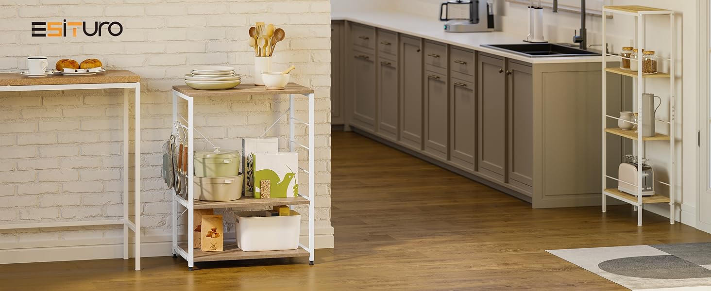 Kitchen Shelf, Microwave Shelf with 4 Hooks, Baking Shelf with 3 Tiers, Storage Shelf for Kitchen, Cafe, Living Room, Bathroom, 60 x 82 x 40 cm, Light Oak + White