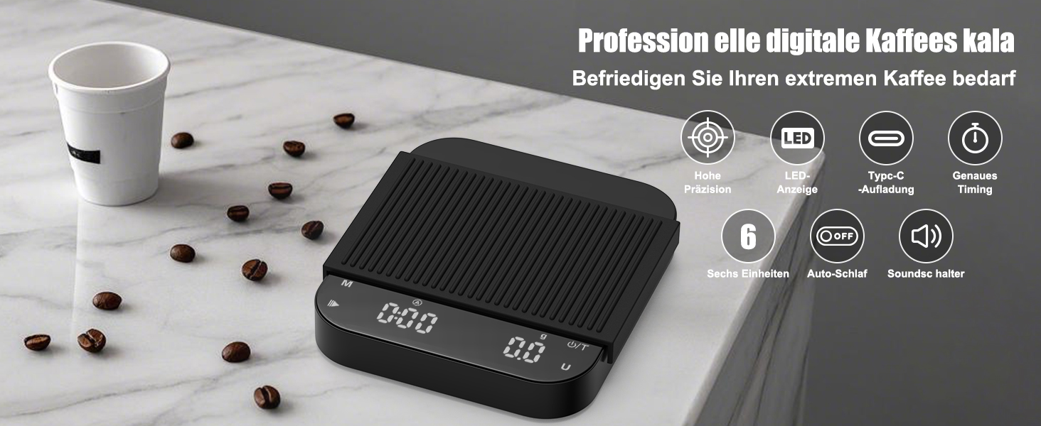 Ваги для кави Diyife з таймером, 3 кг/0,1 г, перезаряджувані, з HD LCD дисплеєм, функцією тарування, портативні, високоточні ваги для еспресо та френч-пресу, чорний M