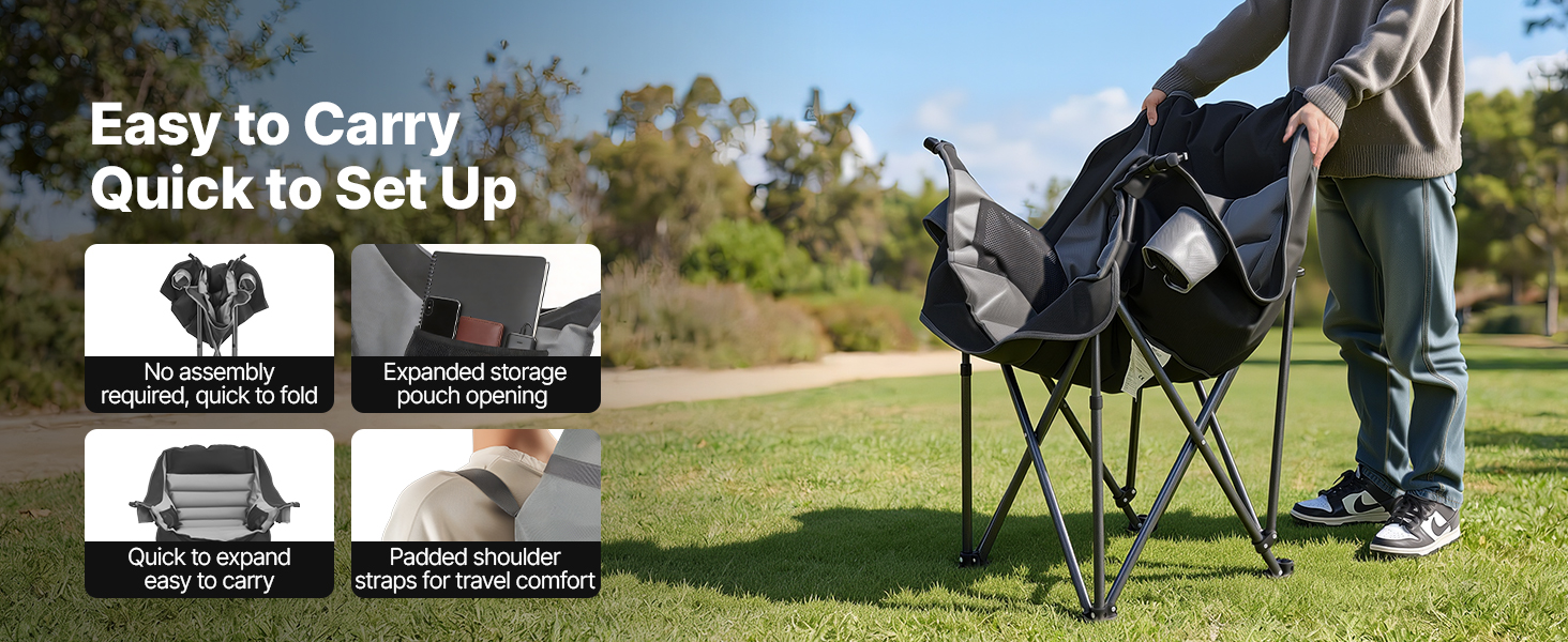 Кемпінговий стілець VEVOR великий, складний - до 204 кг, з підсклянниками, для риболовлі, пікніка, чорно-сірий