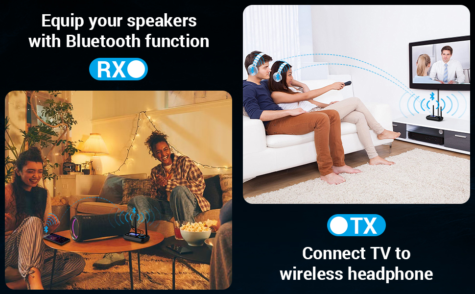 Передавач Bluetooth Ainostone 3-в-1: 2 навушники, аудіоадаптер, передавач/приймач, низька затримка, AUX, RCA, для TV, PC, чорний