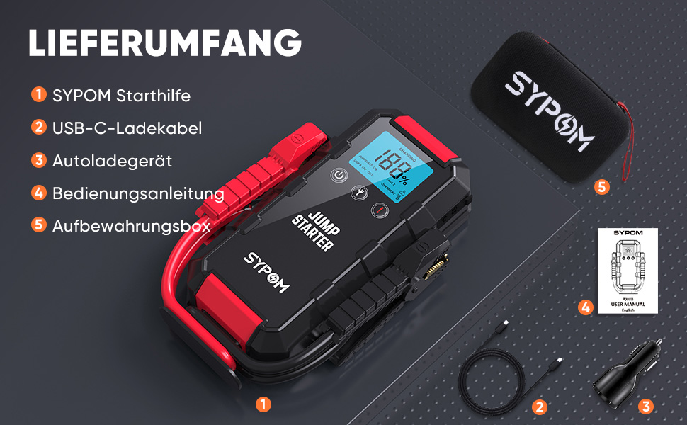 Портативний пусковий пристрій для автомобіля: 6000A, 12V, LED-ліхтарик, для бензинових та дизельних двигунів до 12.0L