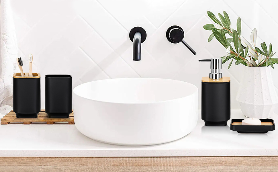 Набір аксесуарів для ванної кімнати JOTOM з бамбука, 6 шт. Сучасний дизайн: дозатор для мила, тримач для зубних щіток, стакан, мильниця, тримач для туалетного йоржика, сміттєве відро. Сірий колір