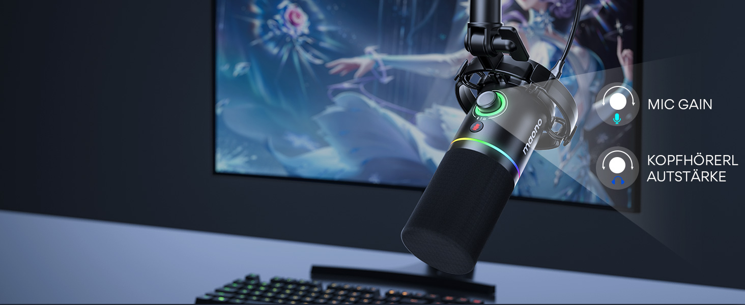 Мікрофон MAONO PD200XS XLR/USB: Набір для стримінгу, запису та геймінгу з RGB підсвіткою, регулюванням гучності та беззвучною кнопкою
