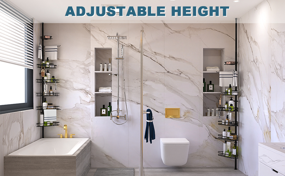 Настінна полиця для душу Bomclap з нержавіючої сталі, кутова, з тримачем для рушників, без свердління, чорна, 137-290 см