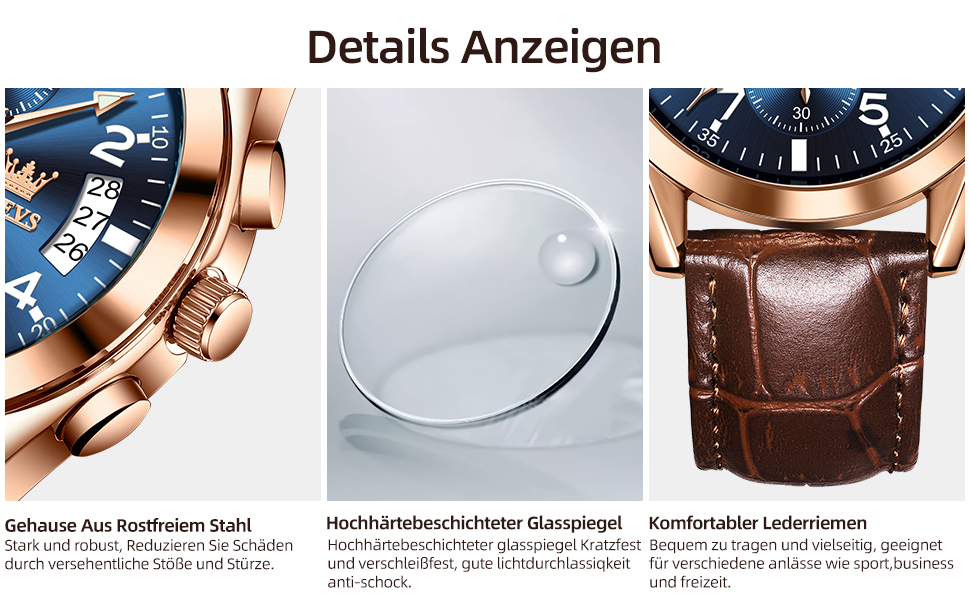 Годинник чоловічий OLEVS Vintage з шкіряним ремінцем, великий циферблат, водонепроникні, аналогові годинники з датою (2878, блакитний циферблат/коричневий ремінець)