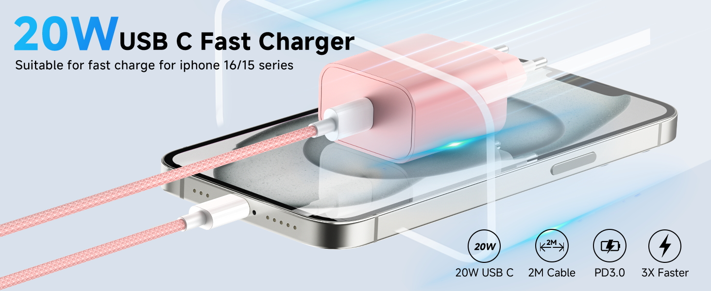 Зарядний пристрій USB-C 20W з кабелем Type-C 2м для iPhone 16/15/Pro/Air (Рожевий) - 2 шт.