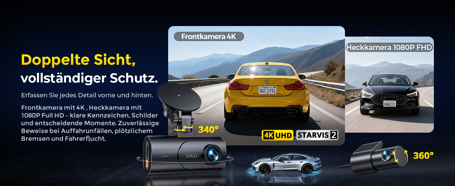 Автомобільний відеореєстратор GKU D600ProMax 4K Ultra HD з передньою та задньою камерами, сенсором STARVIS 2 та WiFi 6 (чорний)