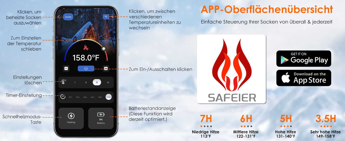 Гріючі шкарпетки Minthouz з керуванням через додаток для чоловіків та жінок | 4 режими нагріву & акумулятор 7,4V 3000mAh для тривалої теплоти | Можна прати в машині & перезаряджаються | Для активного відпочинку, походів, катання на лижах, кемпінгу