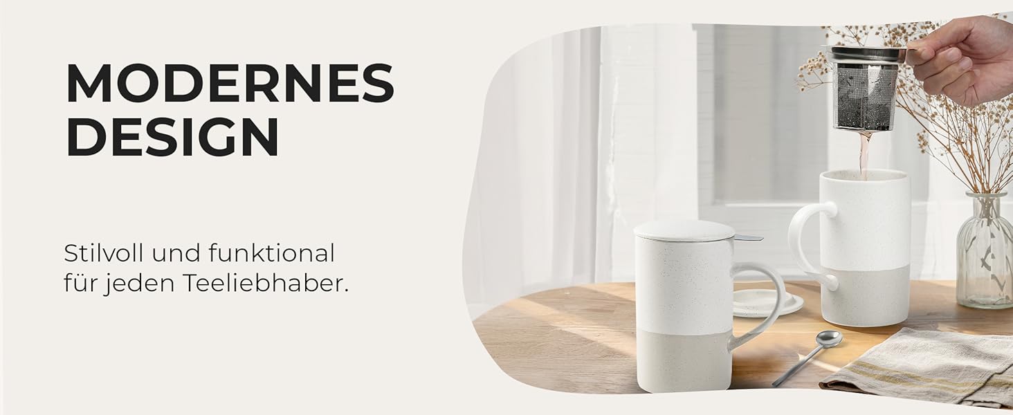 Набір чайних чашок Miamio 2 x 500 мл з кришкою та ситом, з чайним ситечком та ложкою, для заварювання листового чаю, подарунок для жінок, сумісний з мікрохвильовою піччю та посудомийною машиною (сірий)