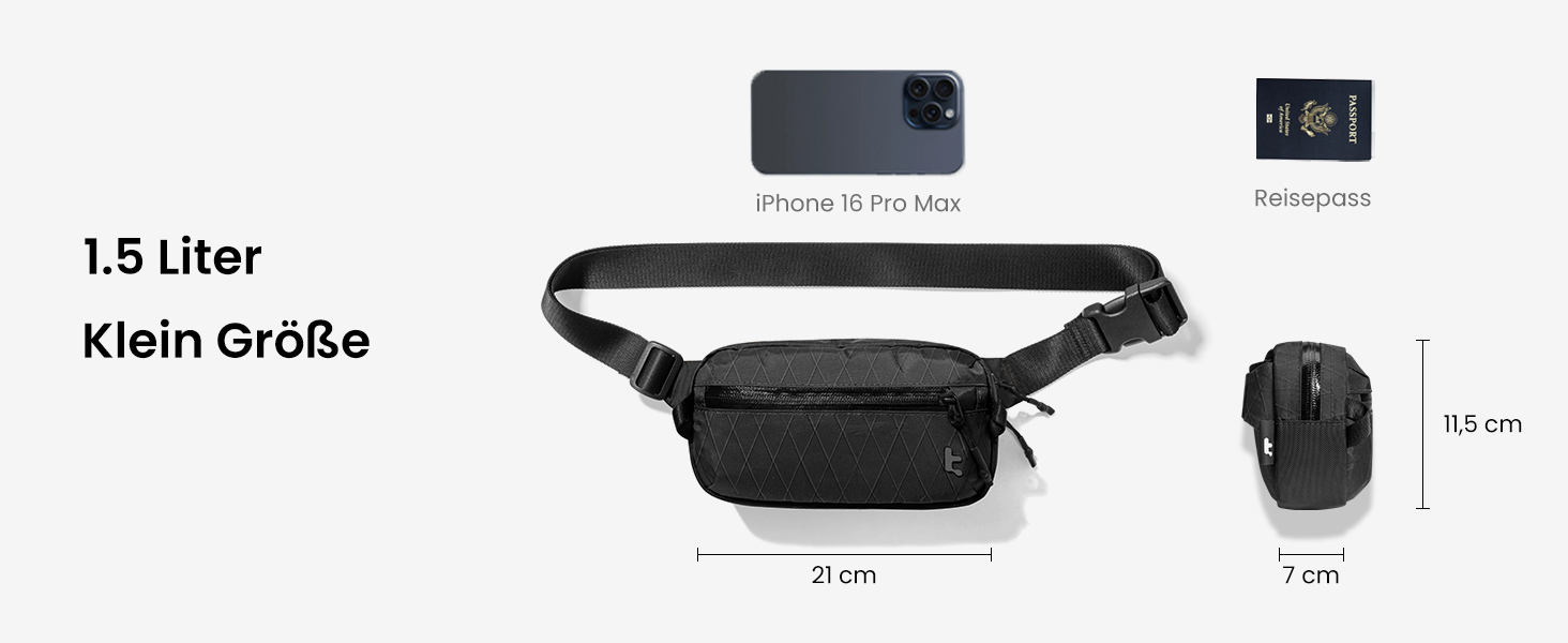tomtoc X-Pac нагрудна сумка для чоловіків та жінок, 1,5 л, чорна. RFID захист, для подорожей, повсякденного використання