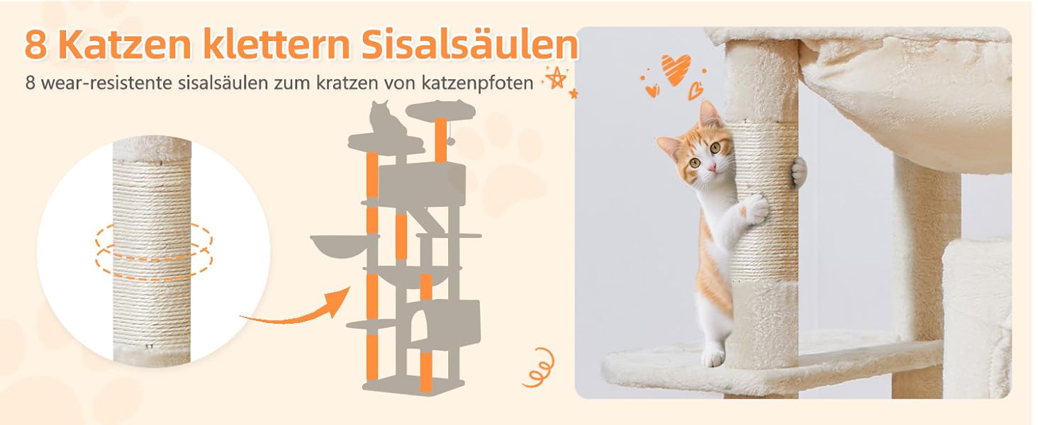 Дерев'яний кігтеточки Taoqimiao MS026W (Бежевий, 180 см) з 2 будиночками, гамаком та 8 кігтеточками