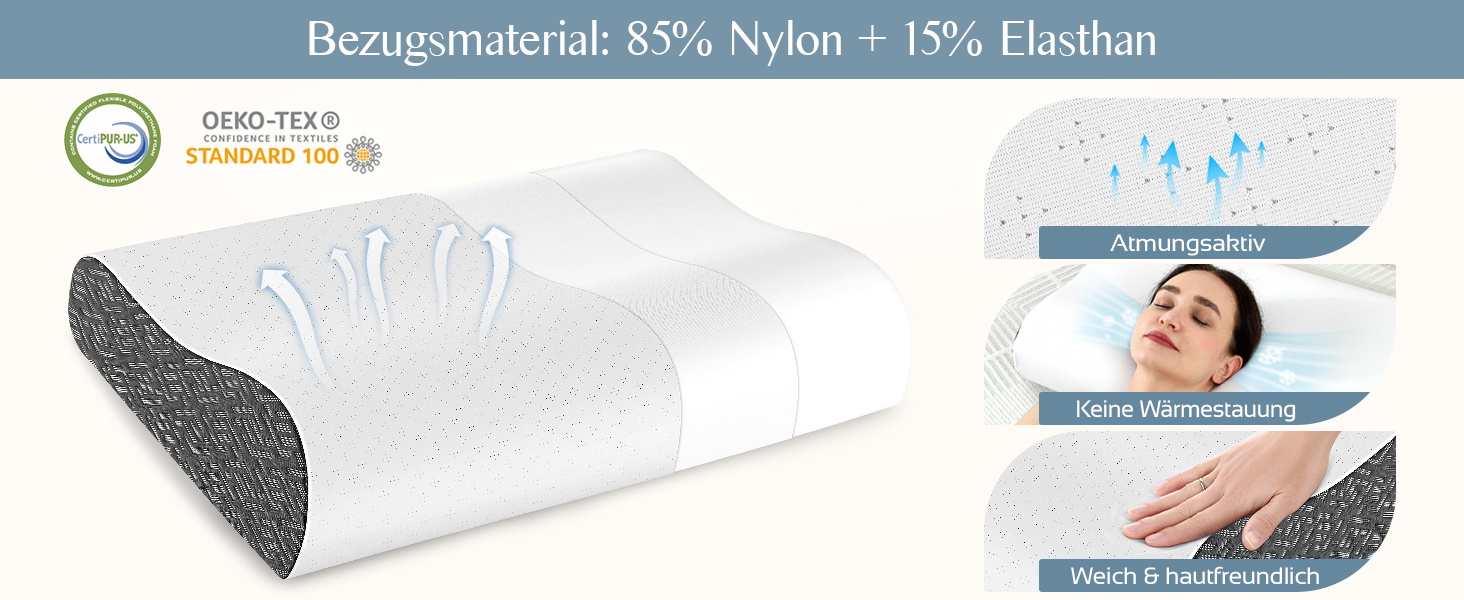 Ергономічна подушка з ефектом пам'яті (Memory Foam) для підтримки шиї та голови, для сну на боці, спині та животі, з дихаючим чохлом, темно-сіра (Charcoal), 61 x 35 x (9/12) см