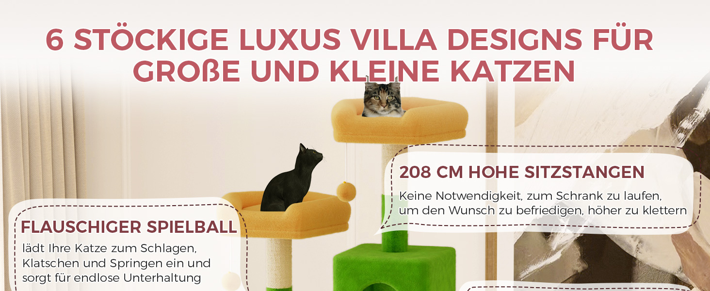 Великий котячий комплекс Kratzbaum 208 см з 3 анти-нахилом, 15 стовпчиками для дряпання, 2 платформами, 2 ховалами, 1 рампою для дряпання та гамаком. Стабільний котячий будиночок для великих котів (зелений + жовтий)