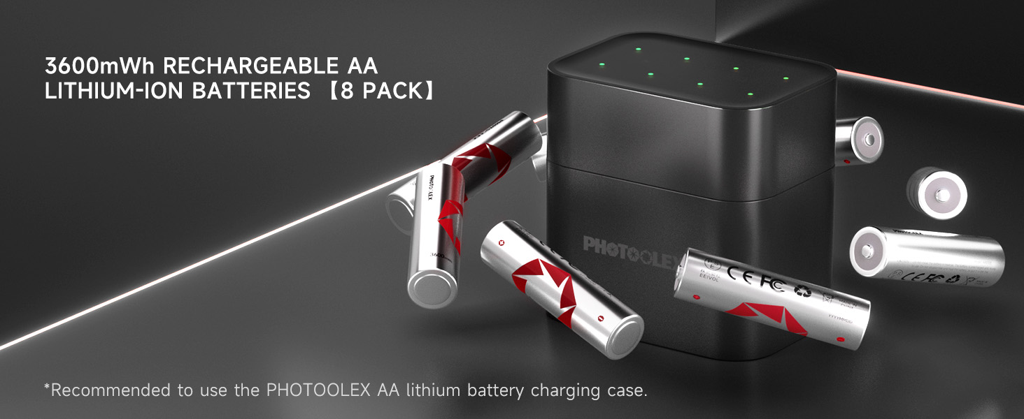 Акумулятори PHOTOOLEX AA Li-ion 1.5V 3000 mWh (8 шт.) — Потужні літієві батарейки з зарядним пристроєм та кейсом для зберігання