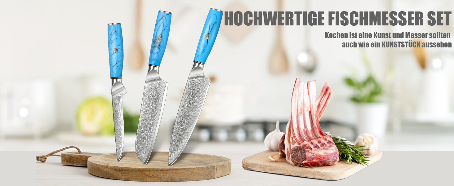 Ніж Kiritsuke Kochmesser Damast від Home Safety: професійний кухонний ніж з лезом 18.8 см з 67 шарів VG-10 Damaststahl, ергономічна ручка з натуральної смоли, подарункова коробка (3 шт)