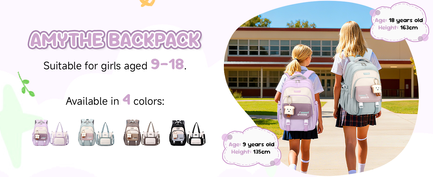 Шкільний рюкзак для дівчаток (3-7 клас), 36L, з сумкою через плече, чорний