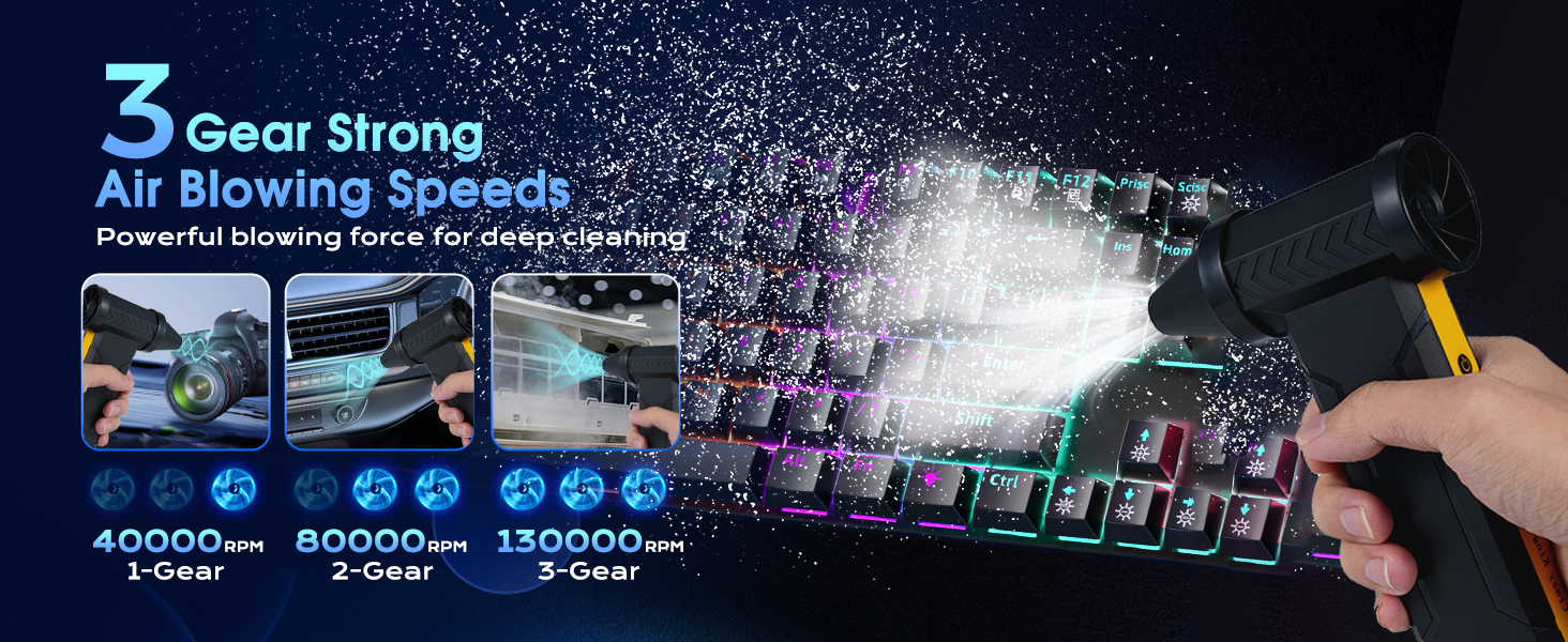 Електричний пилосос для повітряного видування, 3 швидкості, 160000 об/хв, для чищення ПК, електроніки, диванів, авто, офісної техніки (Чорний)